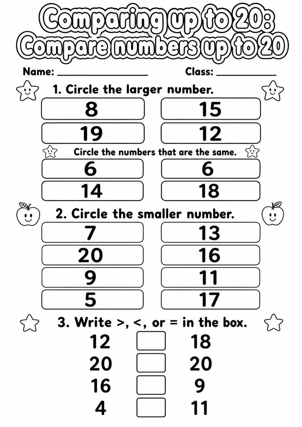Kindergarten Comparing up to 20 Math Worksheet Pack page 5 printable worksheet preview