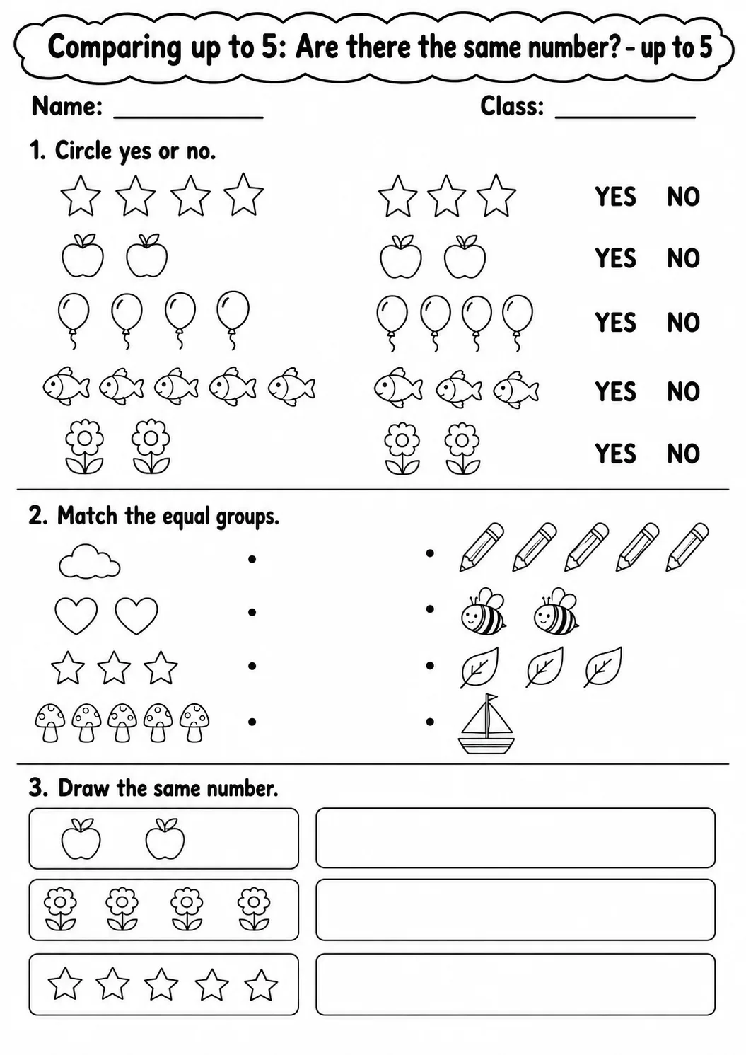 Kindergarten Comparing up to 5 Math Worksheet Pack printable worksheet pack preview
