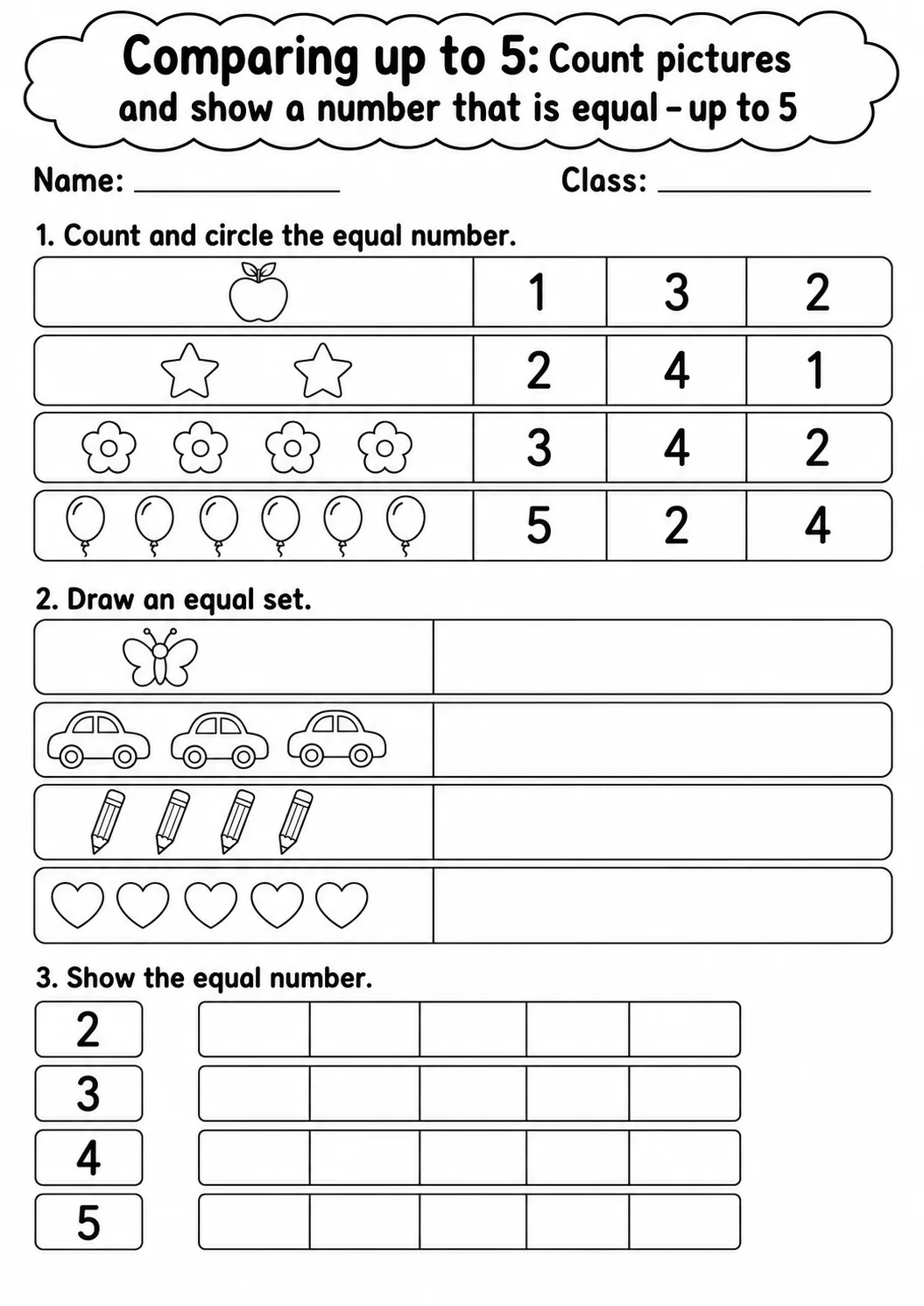 Kindergarten Comparing up to 5 Math Worksheet Pack page 2 printable worksheet preview