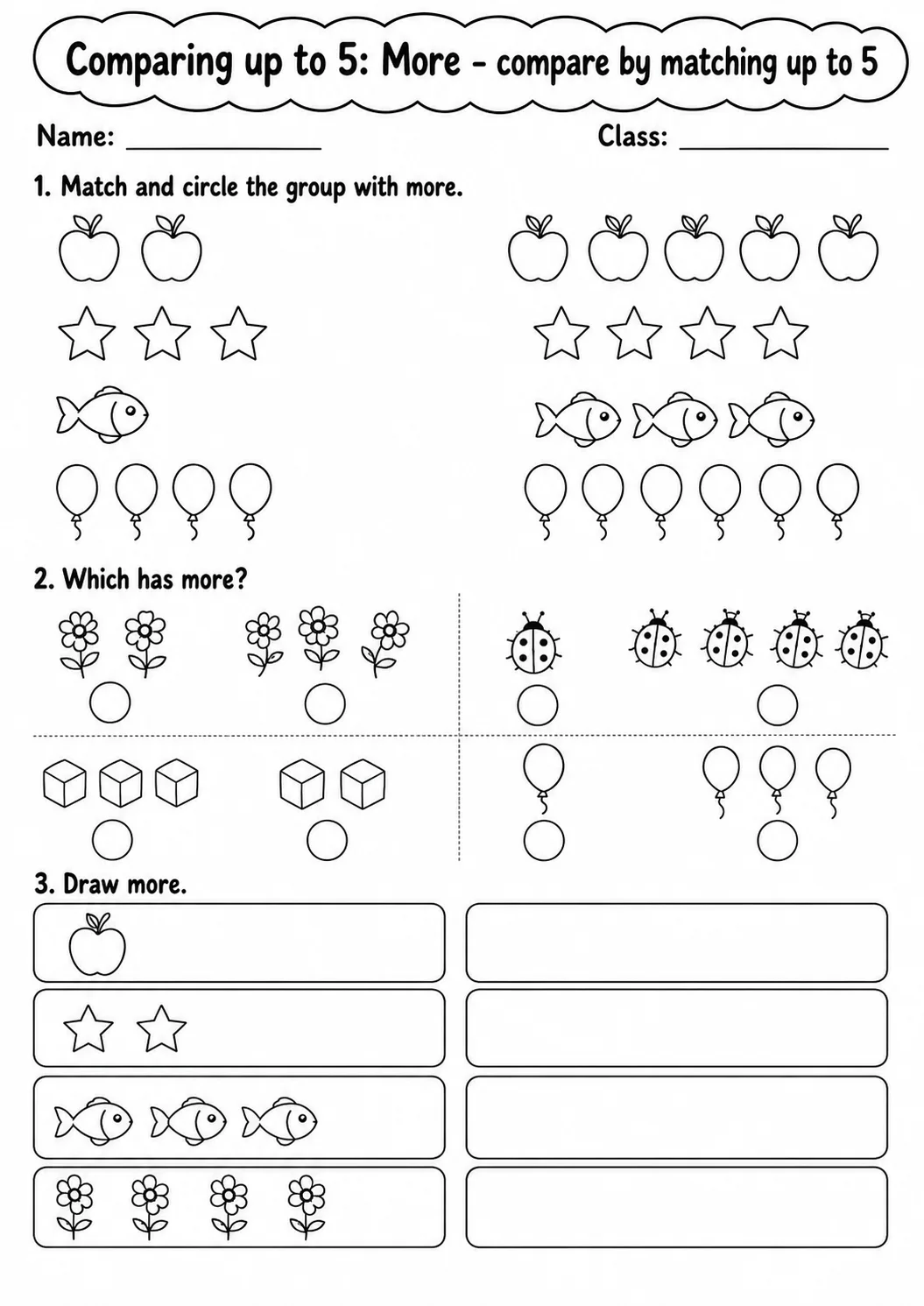 Kindergarten Comparing up to 5 Math Worksheet Pack page 3 printable worksheet preview