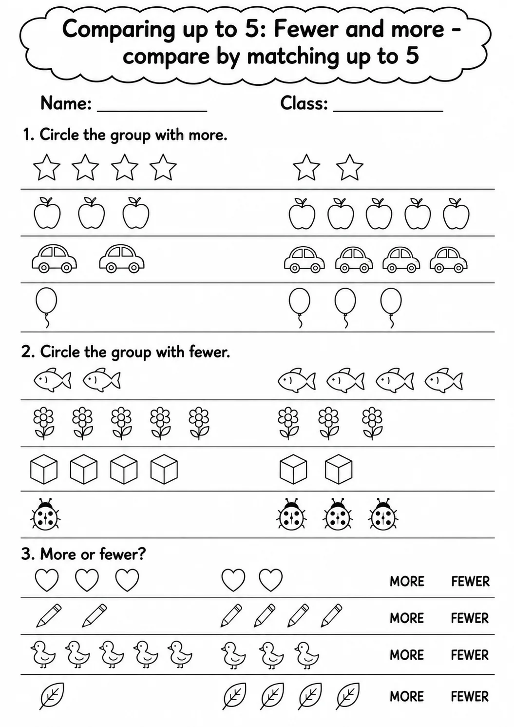 Kindergarten Comparing up to 5 Math Worksheet Pack page 5 printable worksheet preview