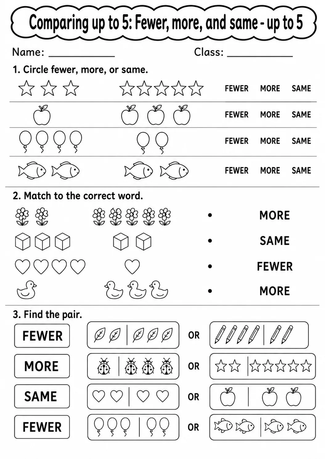 Kindergarten Comparing up to 5 Math Worksheet Pack page 6 printable worksheet preview