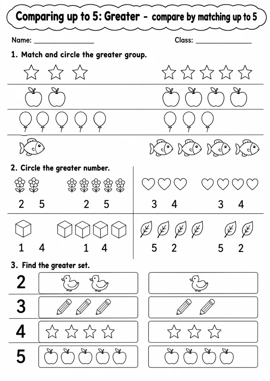 Kindergarten Comparing up to 5 Math Worksheet Pack page 7 printable worksheet preview