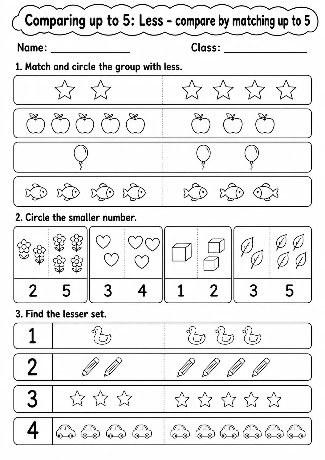 Kindergarten Comparing up to 5 Math Worksheet Pack page 8 printable worksheet preview