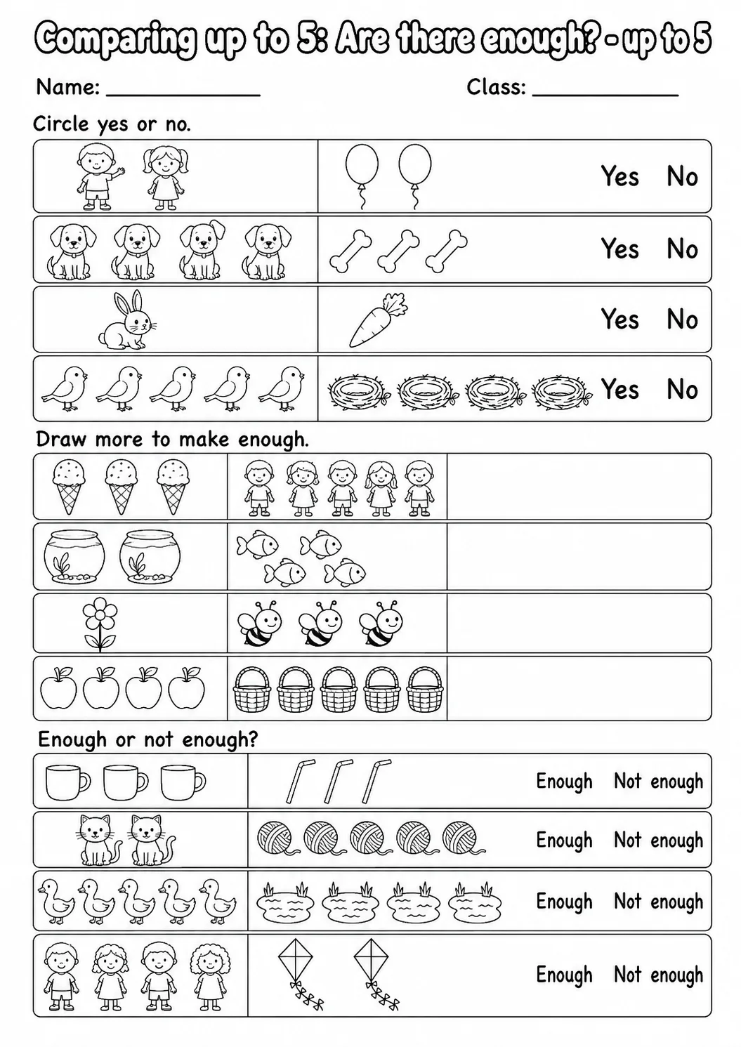 Kindergarten Comparing up to 5 Math Worksheet Pack page 9 printable worksheet preview
