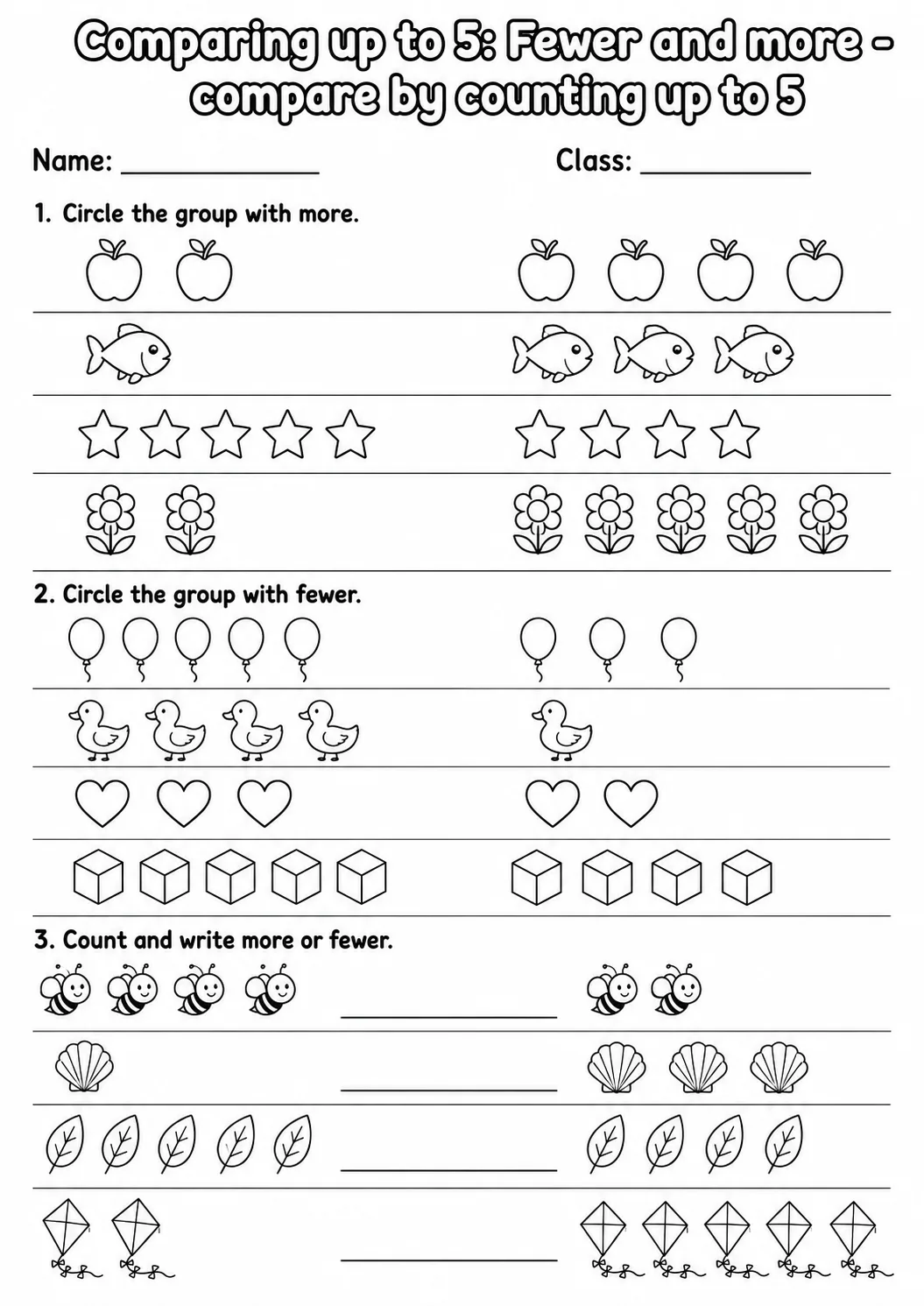 Kindergarten Comparing up to 5 Math Worksheet Pack page 10 printable worksheet preview