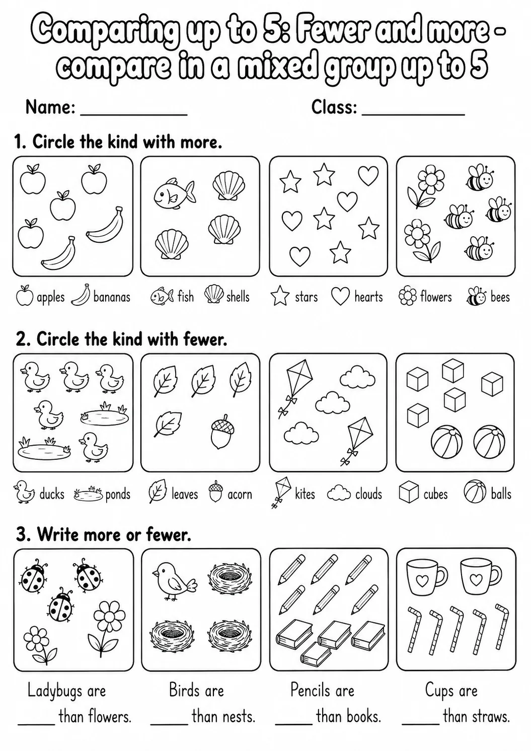 Kindergarten Comparing up to 5 Math Worksheet Pack page 11 printable worksheet preview
