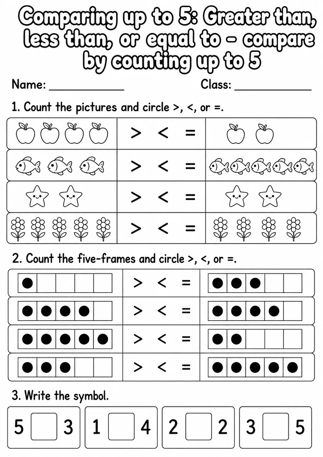 Kindergarten Comparing up to 5 Math Worksheet Pack page 12 printable worksheet preview