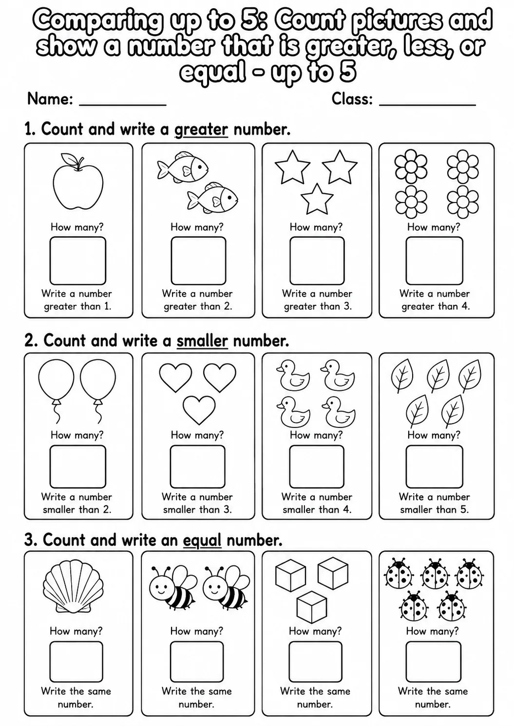 Kindergarten Comparing up to 5 Math Worksheet Pack page 13 printable worksheet preview