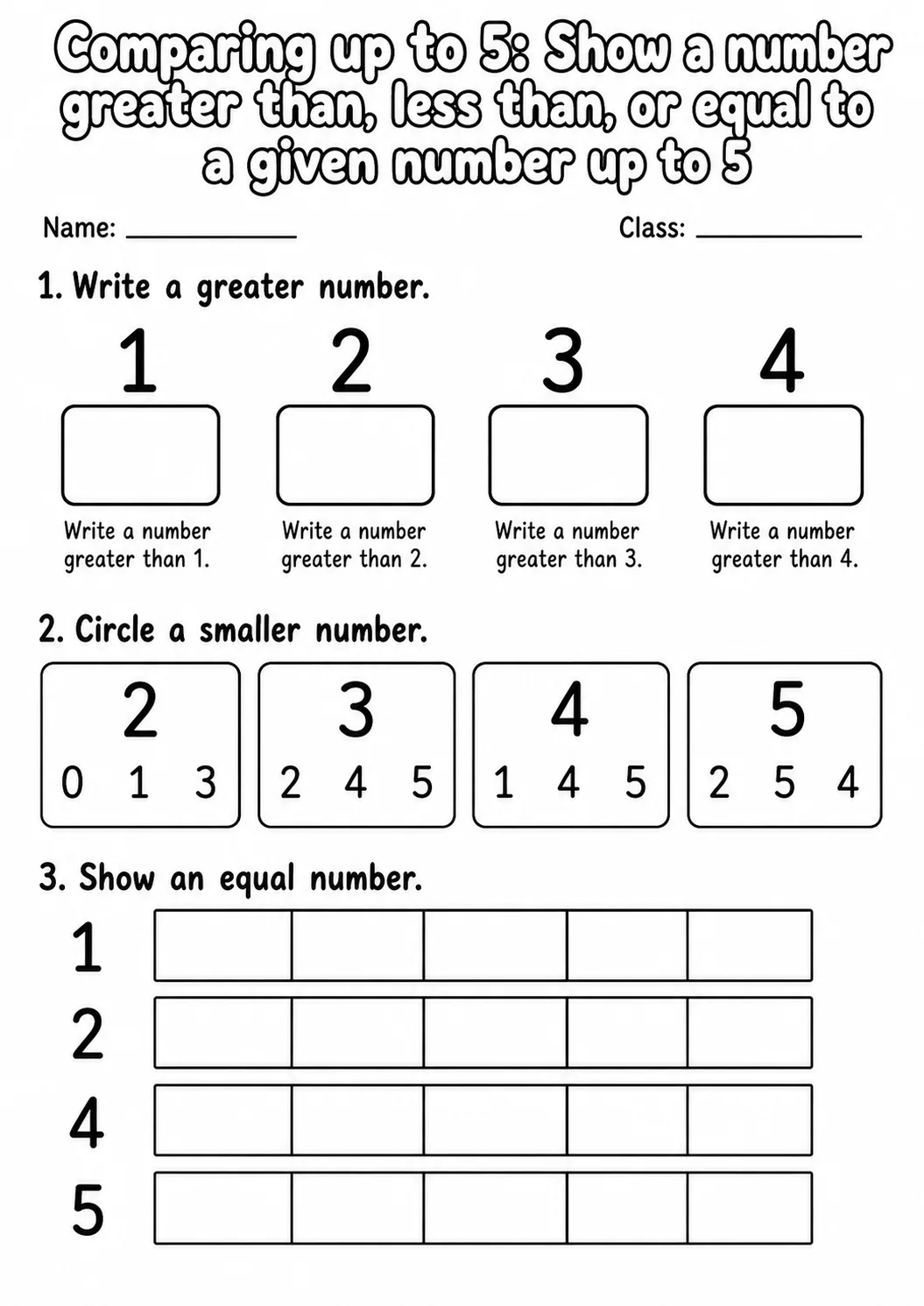 Kindergarten Comparing up to 5 Math Worksheet Pack page 14 printable worksheet preview