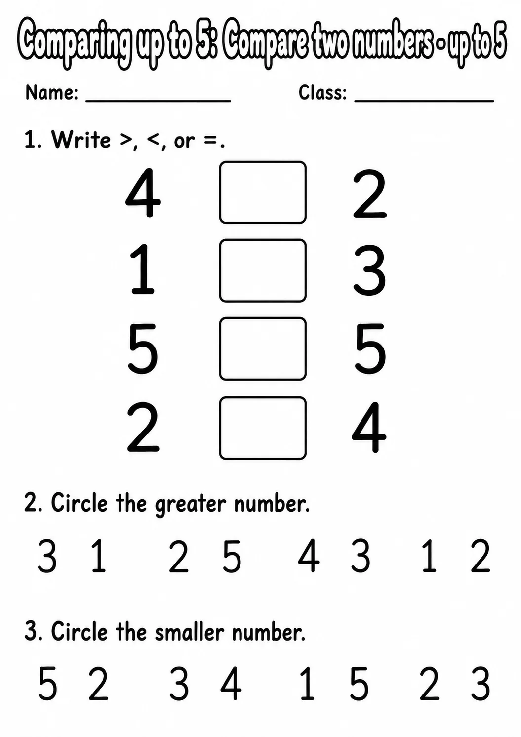 Kindergarten Comparing up to 5 Math Worksheet Pack page 15 printable worksheet preview