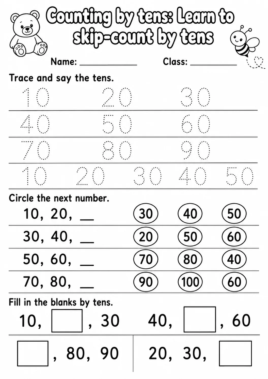 Kindergarten Counting by Tens Math Worksheet Pack printable worksheet pack preview