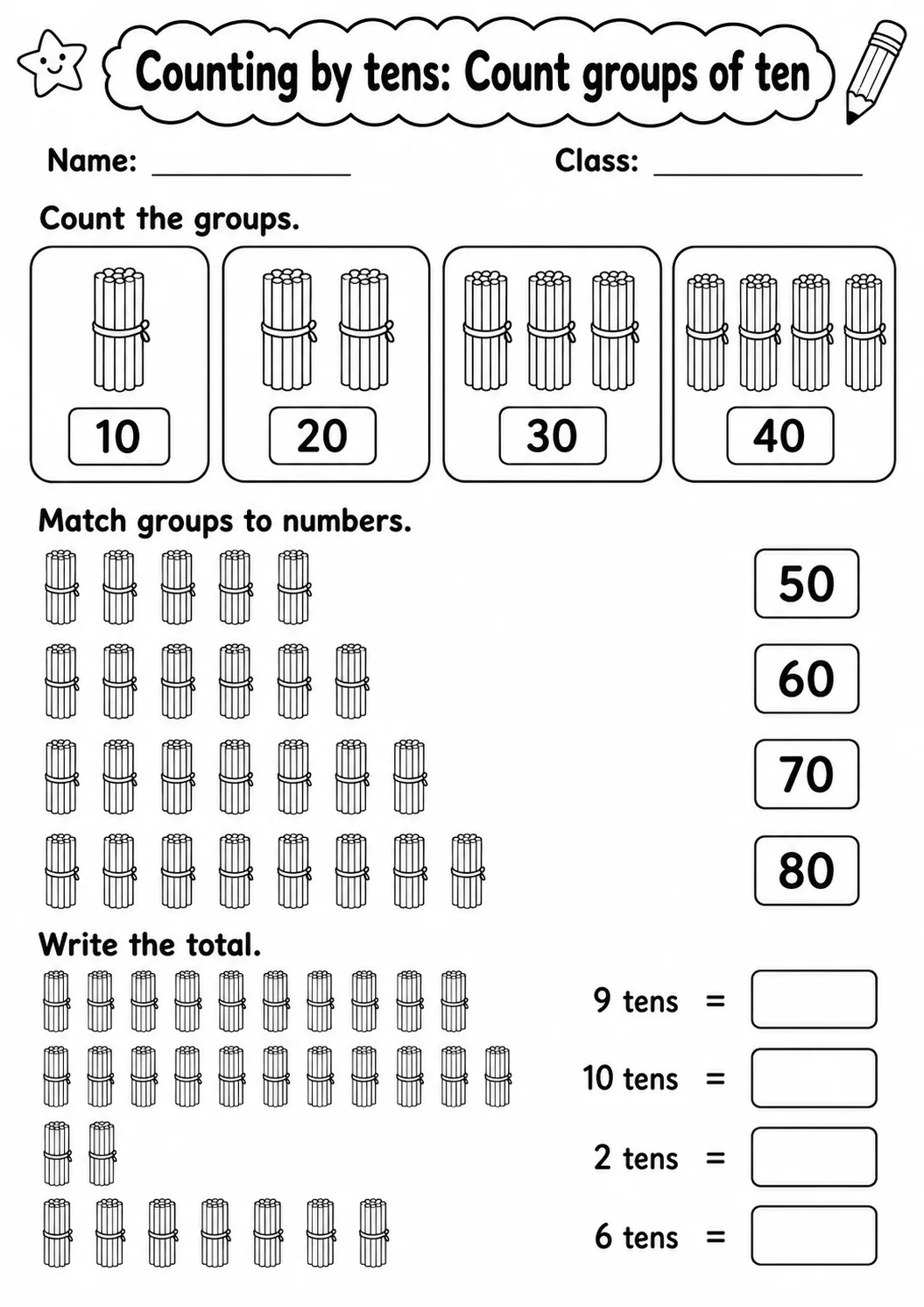 Kindergarten Counting by Tens Math Worksheet Pack page 3 printable worksheet preview