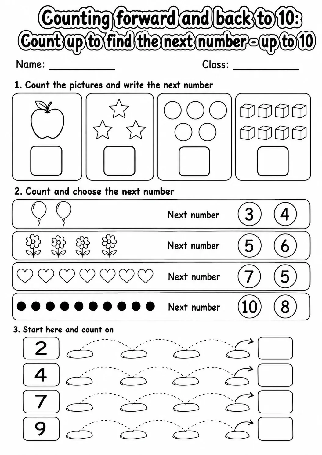 Kindergarten Counting Forward and Back to 10 Math Worksheet Pack page 2 printable worksheet preview