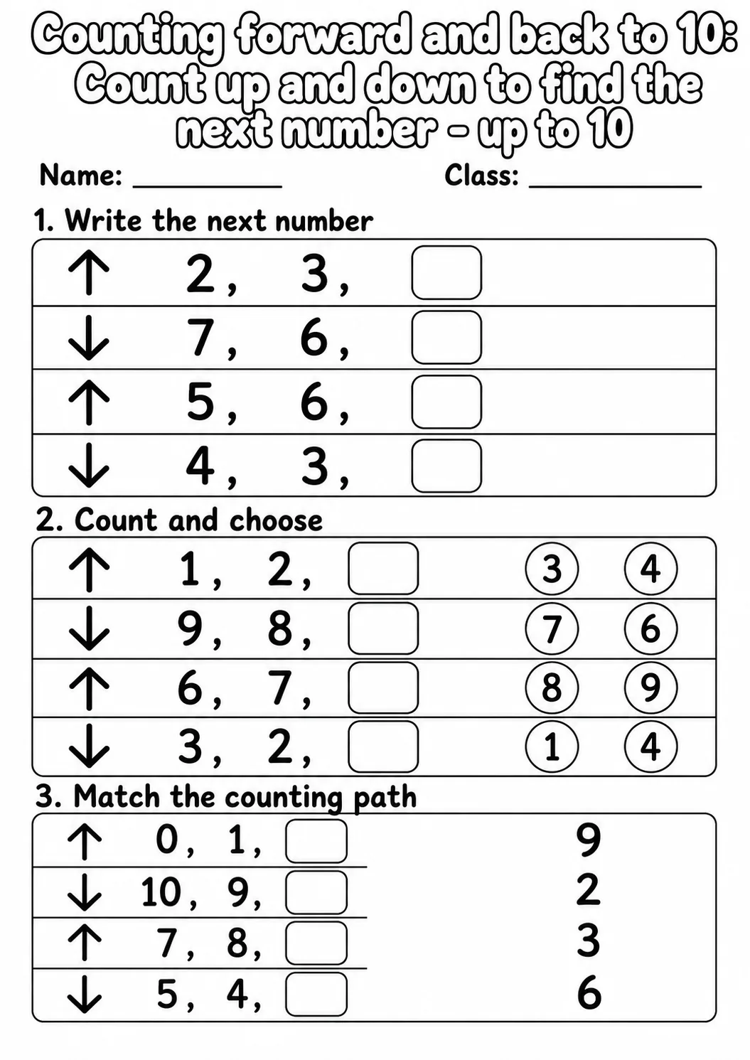 Kindergarten Counting Forward and Back to 10 Math Worksheet Pack page 3 printable worksheet preview