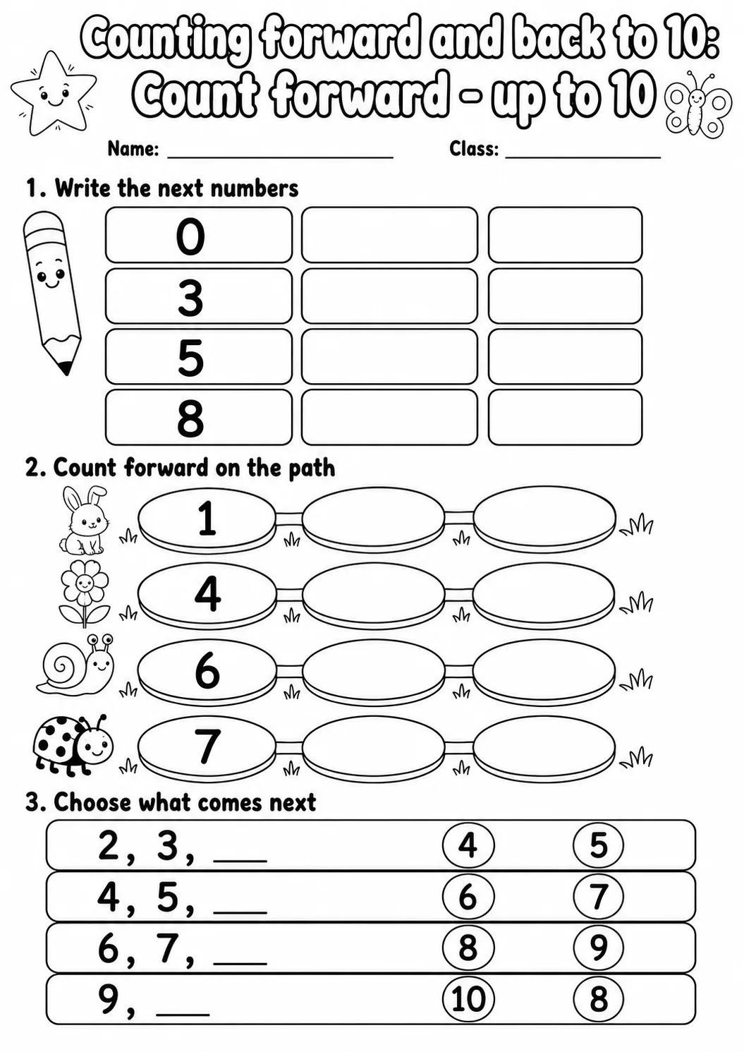 Kindergarten Counting Forward and Back to 10 Math Worksheet Pack page 8 printable worksheet preview