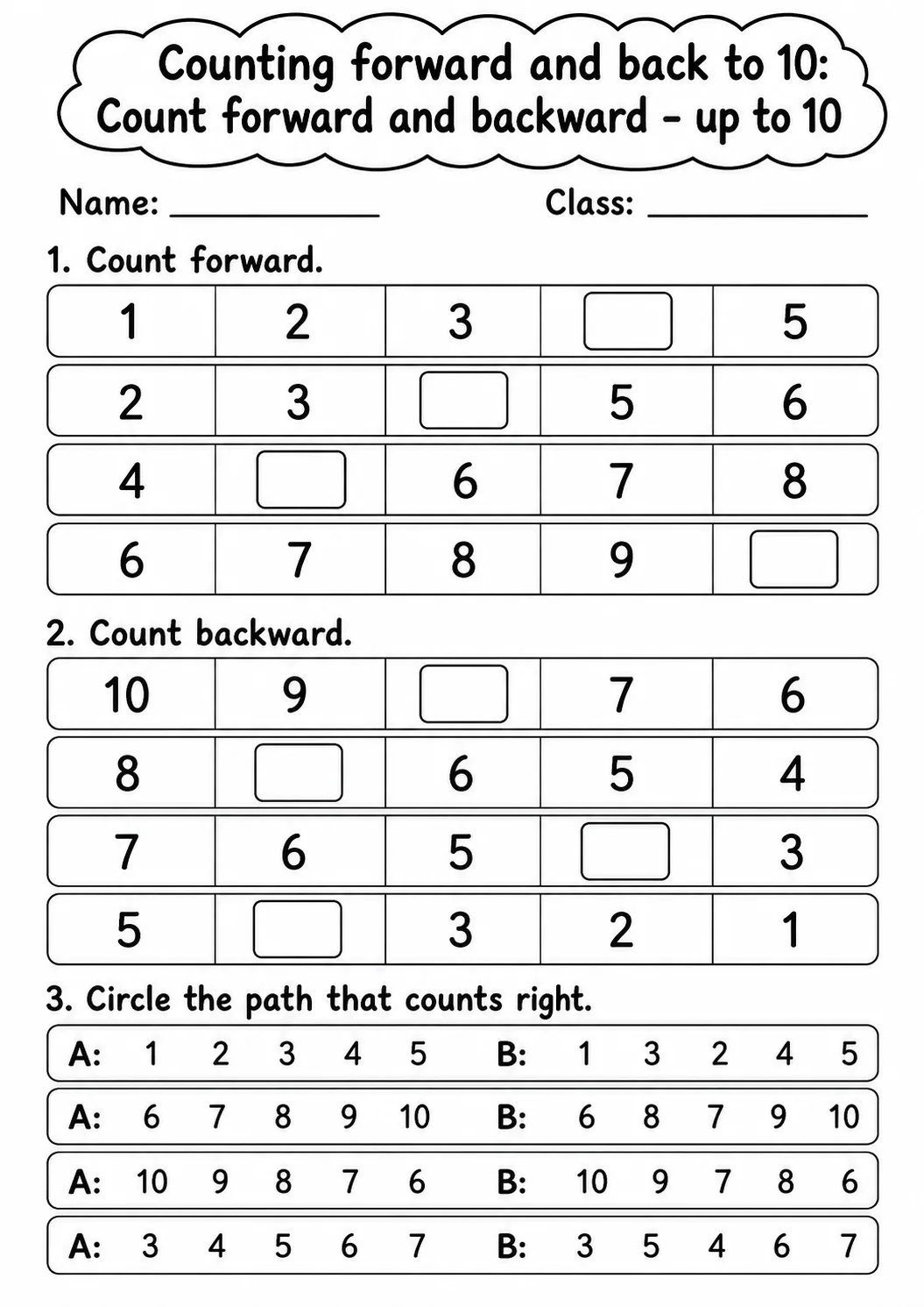 Kindergarten Counting Forward and Back to 10 Math Worksheet Pack page 9 printable worksheet preview