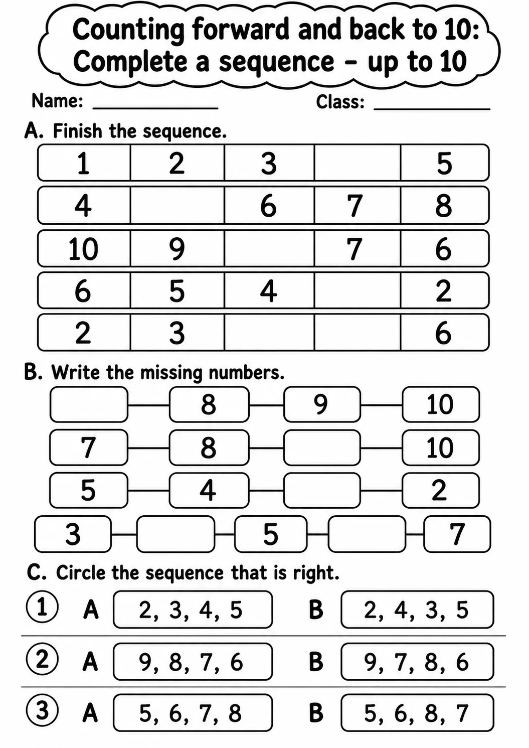 Kindergarten Counting Forward and Back to 10 Math Worksheet Pack page 10 printable worksheet preview