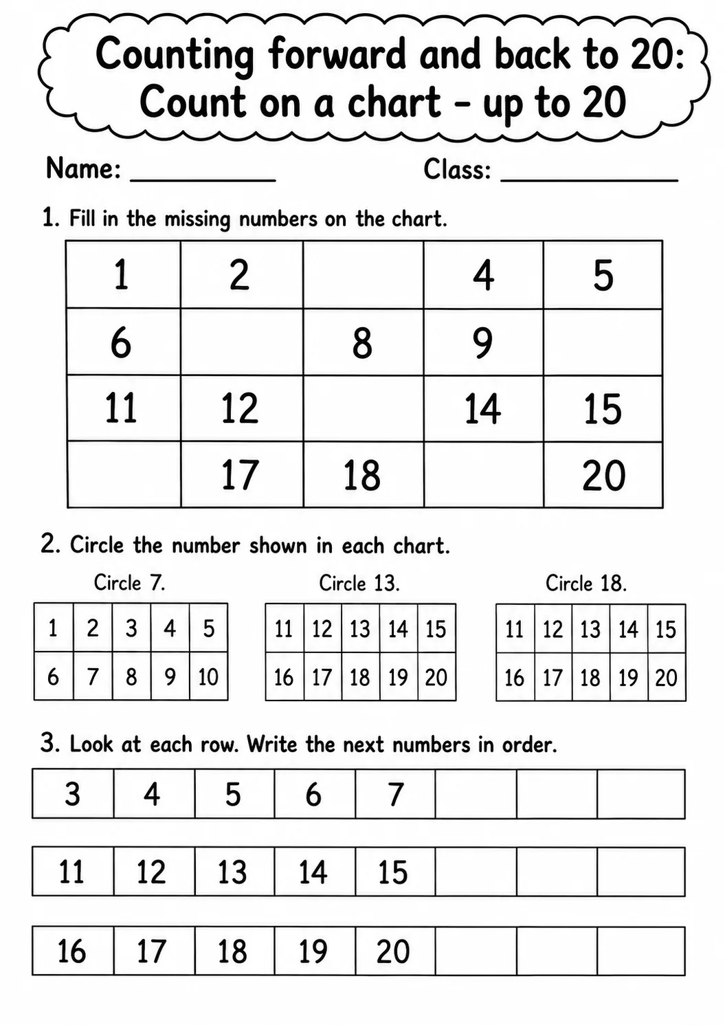 Kindergarten Counting Forward and Back to 20 Math Worksheet Pack printable worksheet pack preview