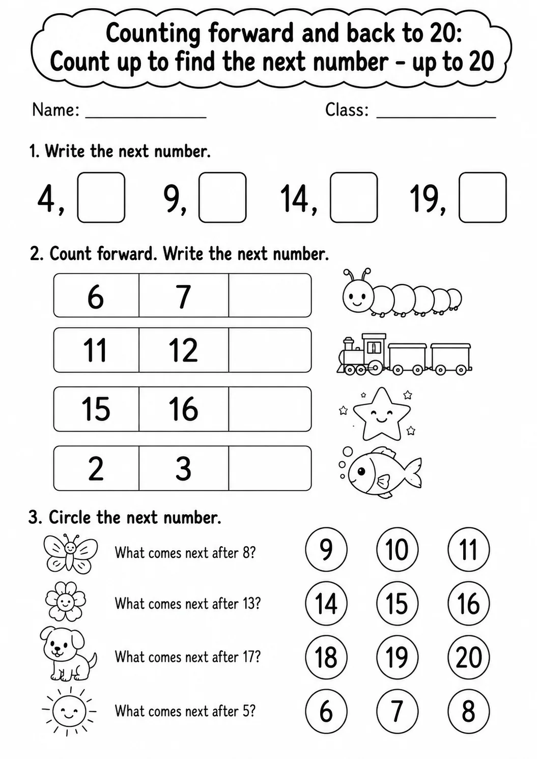 Kindergarten Counting Forward and Back to 20 Math Worksheet Pack page 2 printable worksheet preview