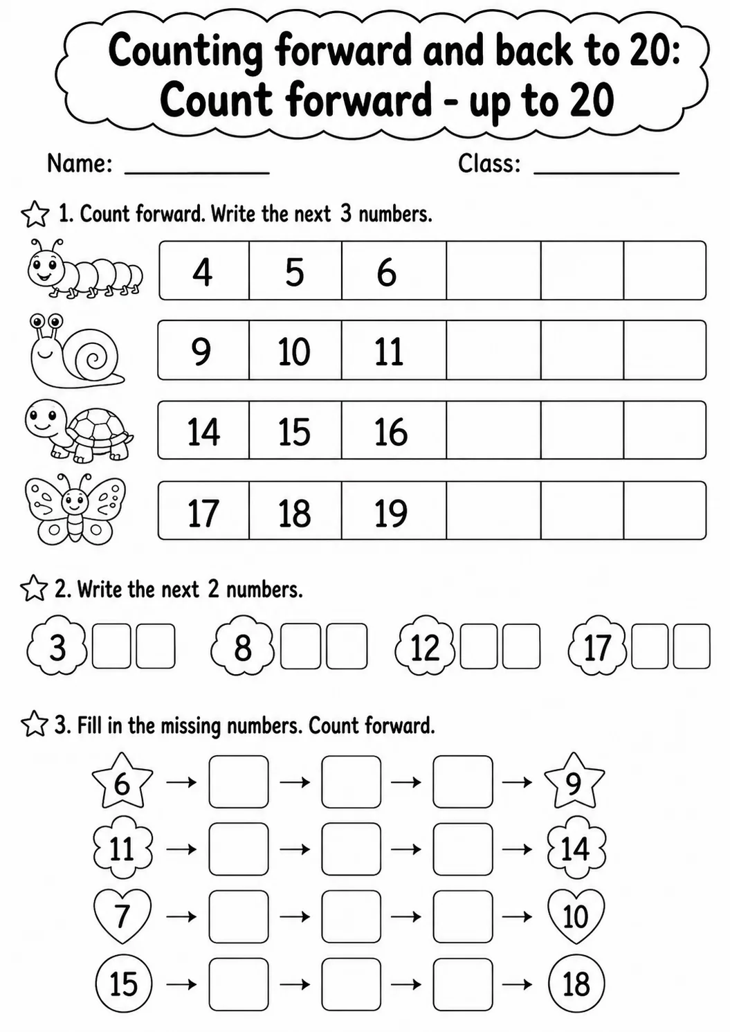 Kindergarten Counting Forward and Back to 20 Math Worksheet Pack page 6 printable worksheet preview
