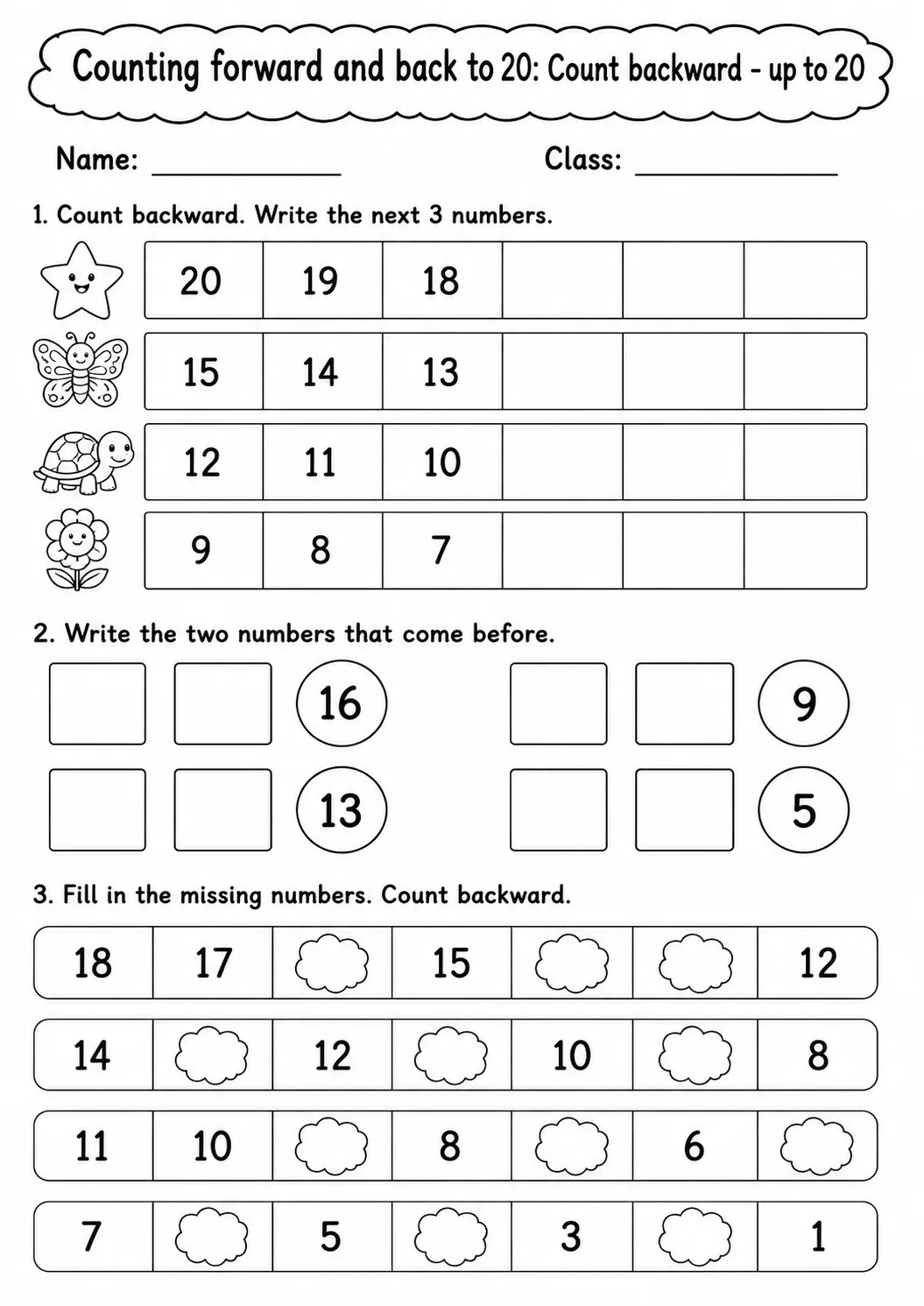 Kindergarten Counting Forward and Back to 20 Math Worksheet Pack page 7 printable worksheet preview