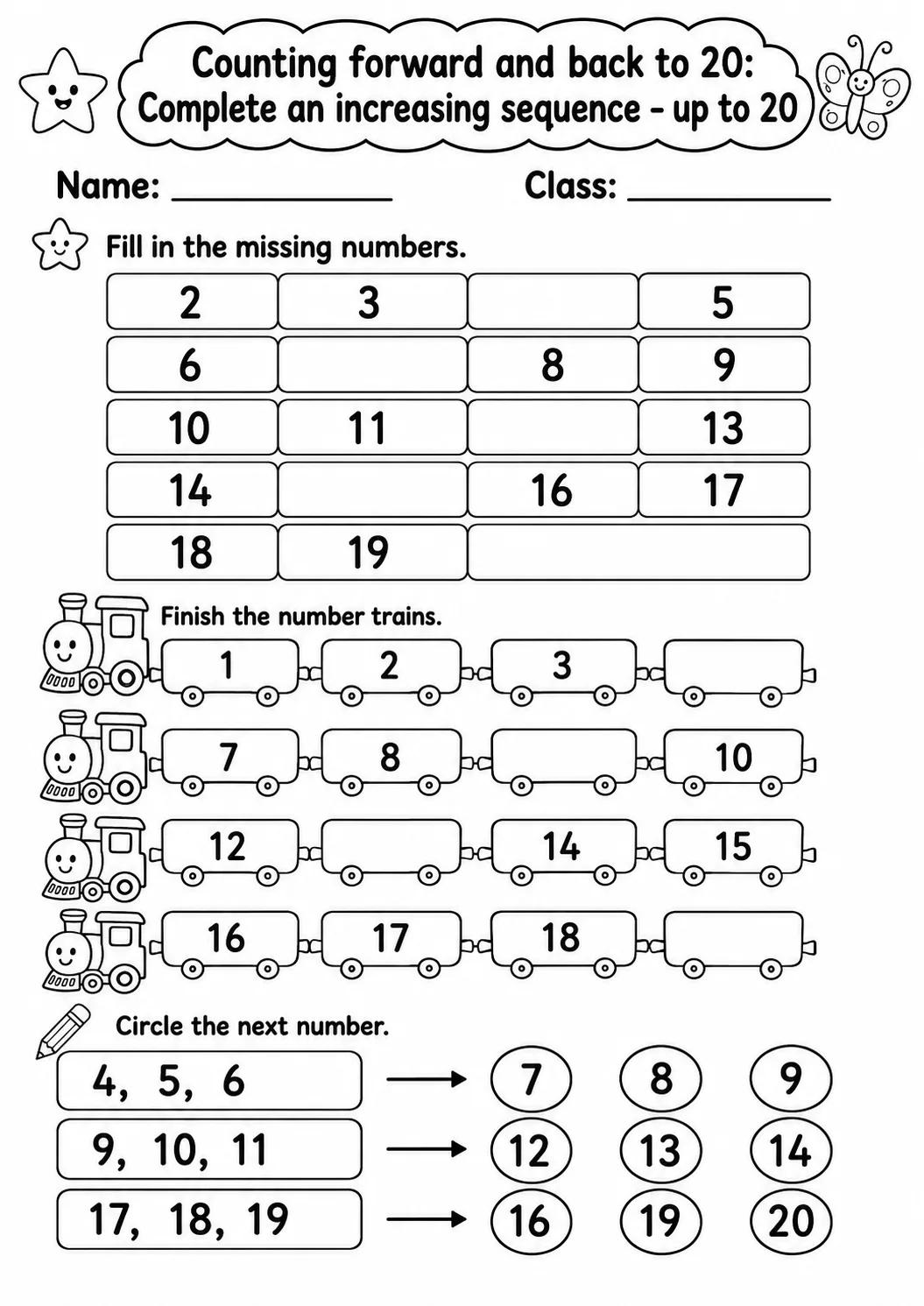 Kindergarten Counting Forward and Back to 20 Math Worksheet Pack page 9 printable worksheet preview