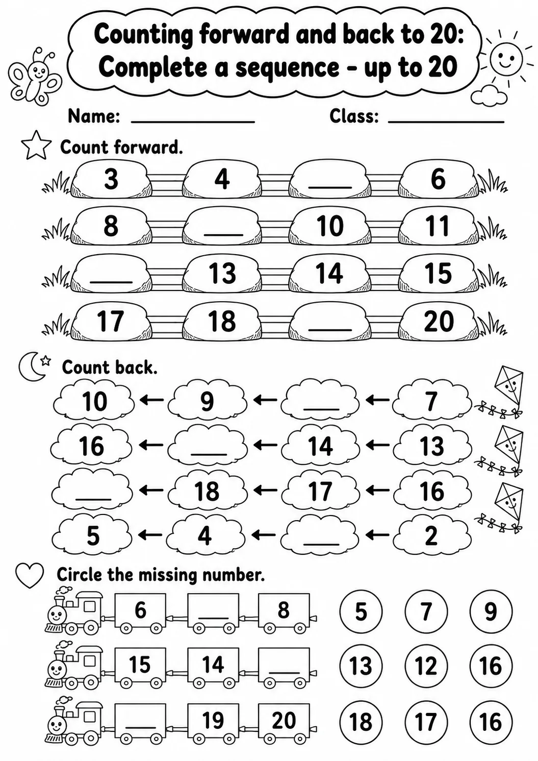 Kindergarten Counting Forward and Back to 20 Math Worksheet Pack page 10 printable worksheet preview