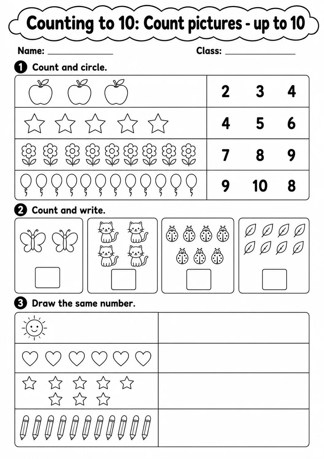 Kindergarten Counting to 10 Math Worksheet Pack page 2 printable worksheet preview