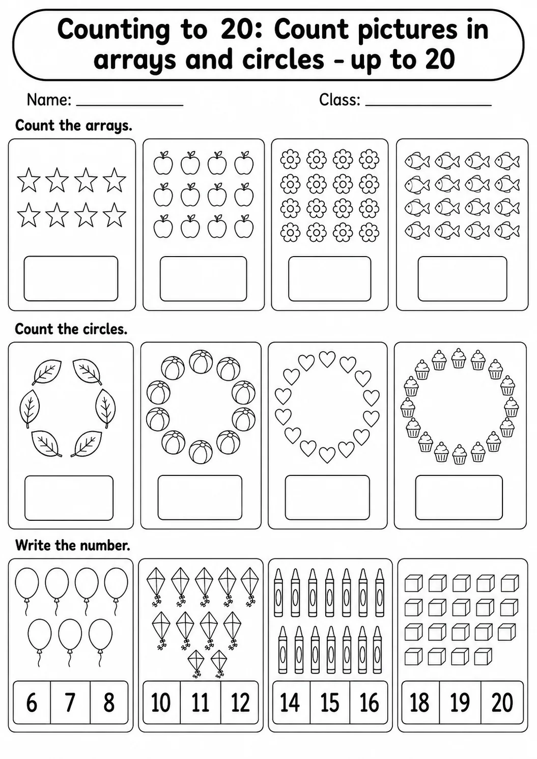 Kindergarten Counting to 20 Math Worksheet Pack page 8 printable worksheet preview