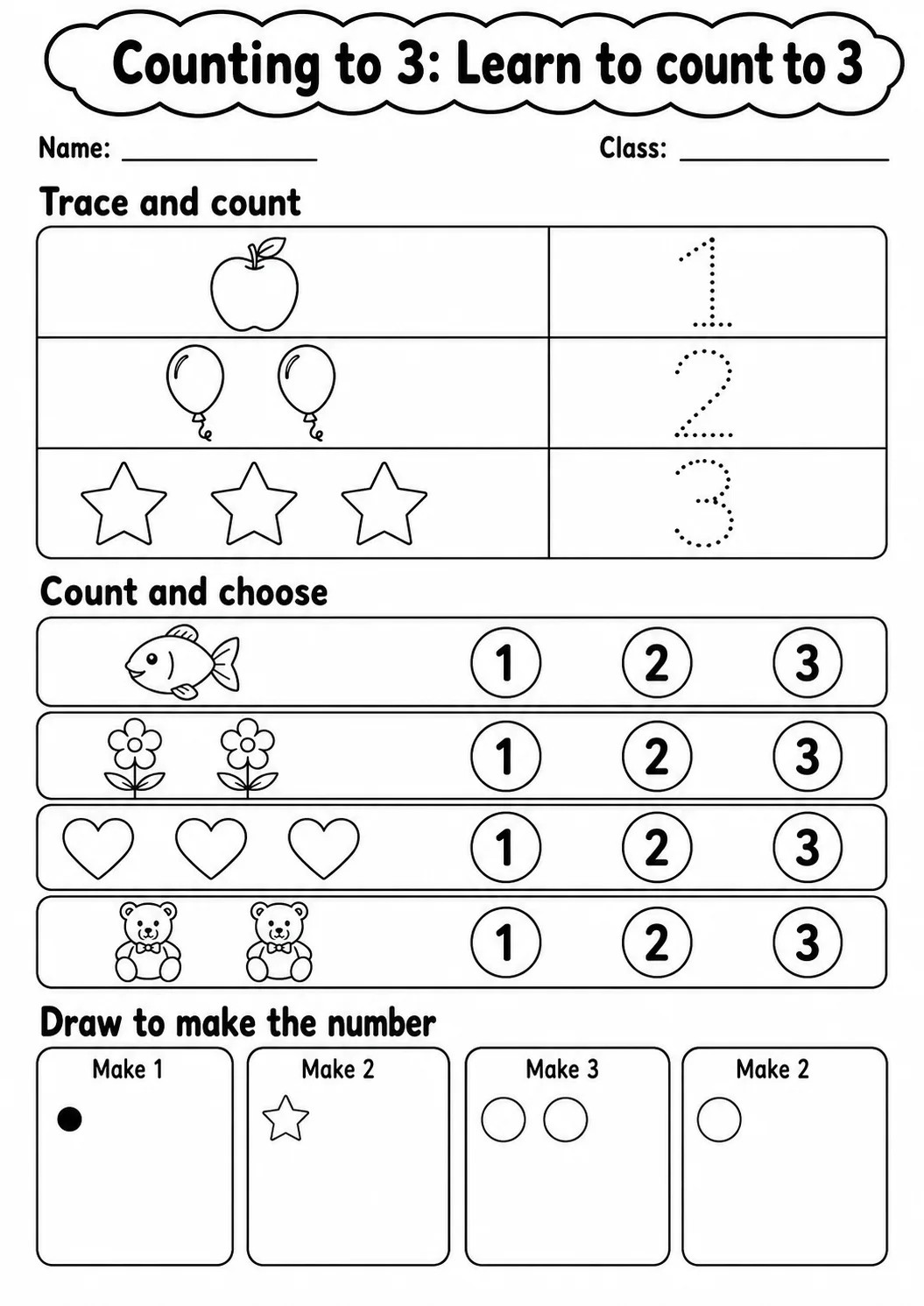 Kindergarten Counting to 3 Math Worksheet Pack printable worksheet pack preview