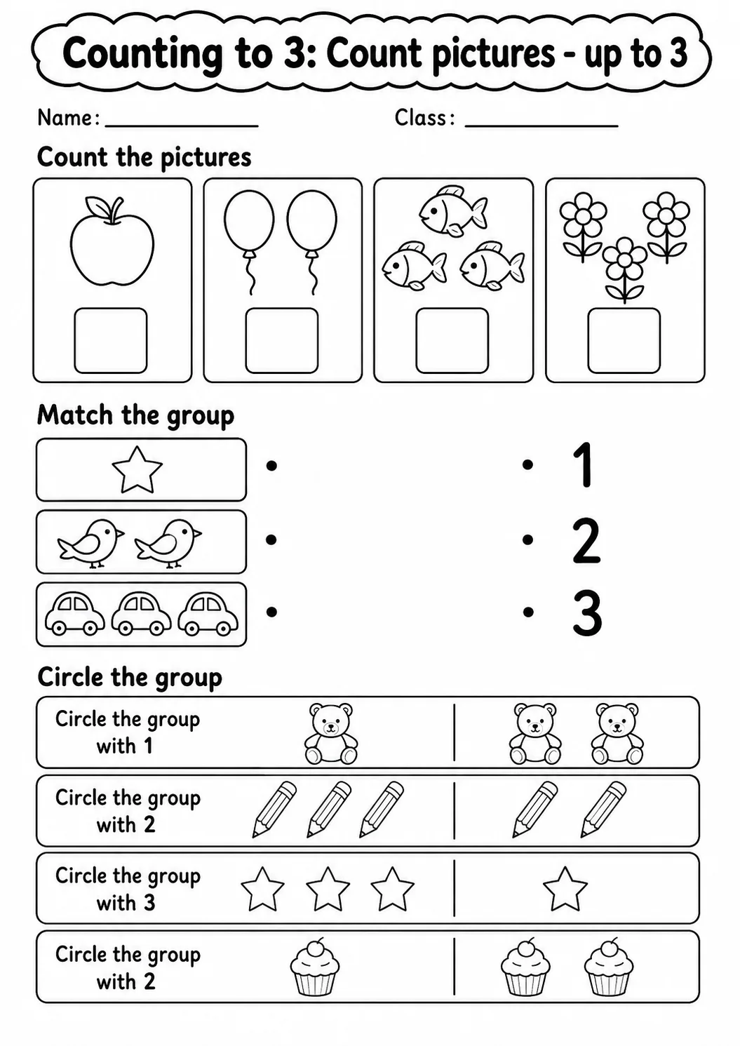 Kindergarten Counting to 3 Math Worksheet Pack page 2 printable worksheet preview