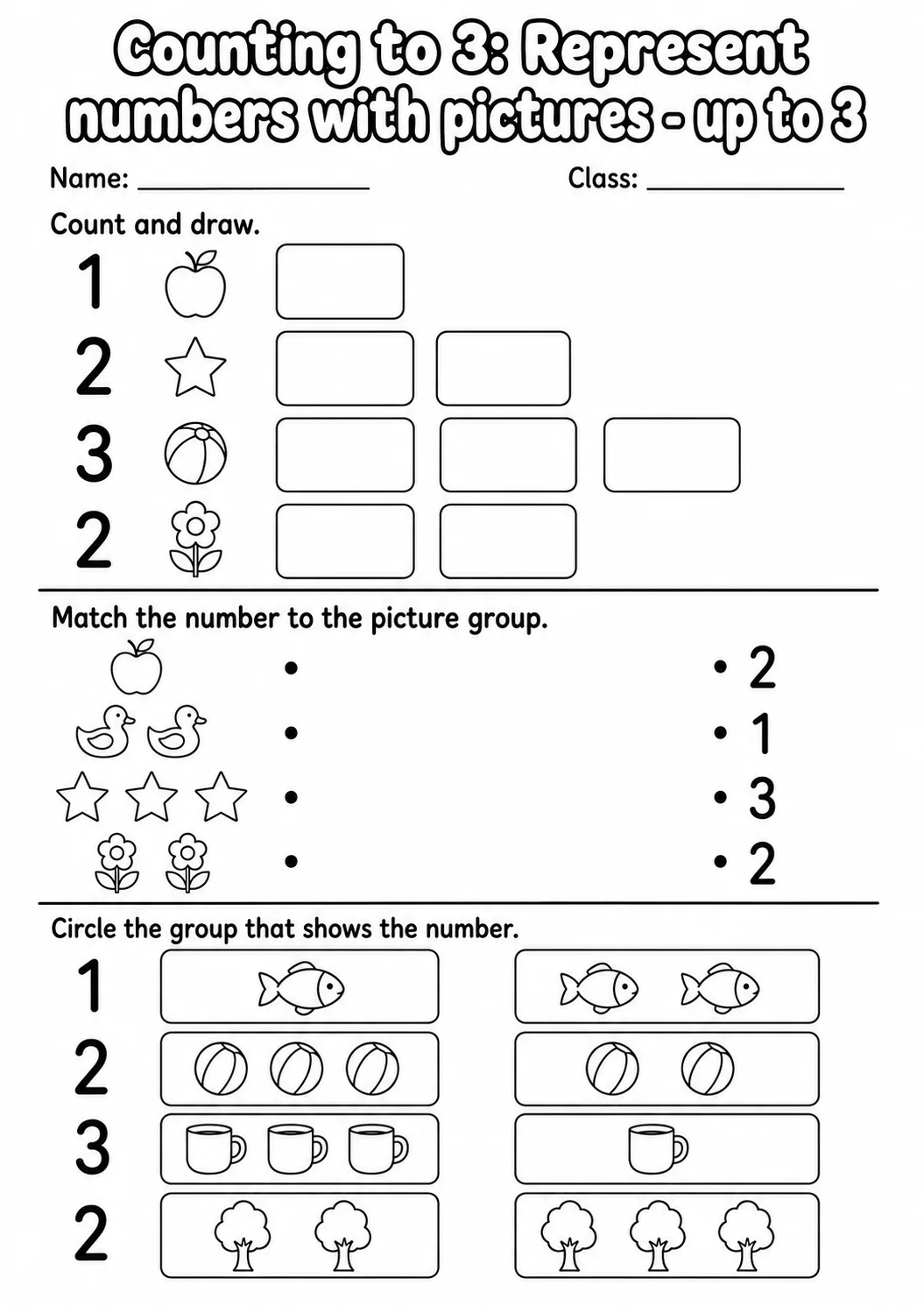 Kindergarten Counting to 3 Math Worksheet Pack page 9 printable worksheet preview