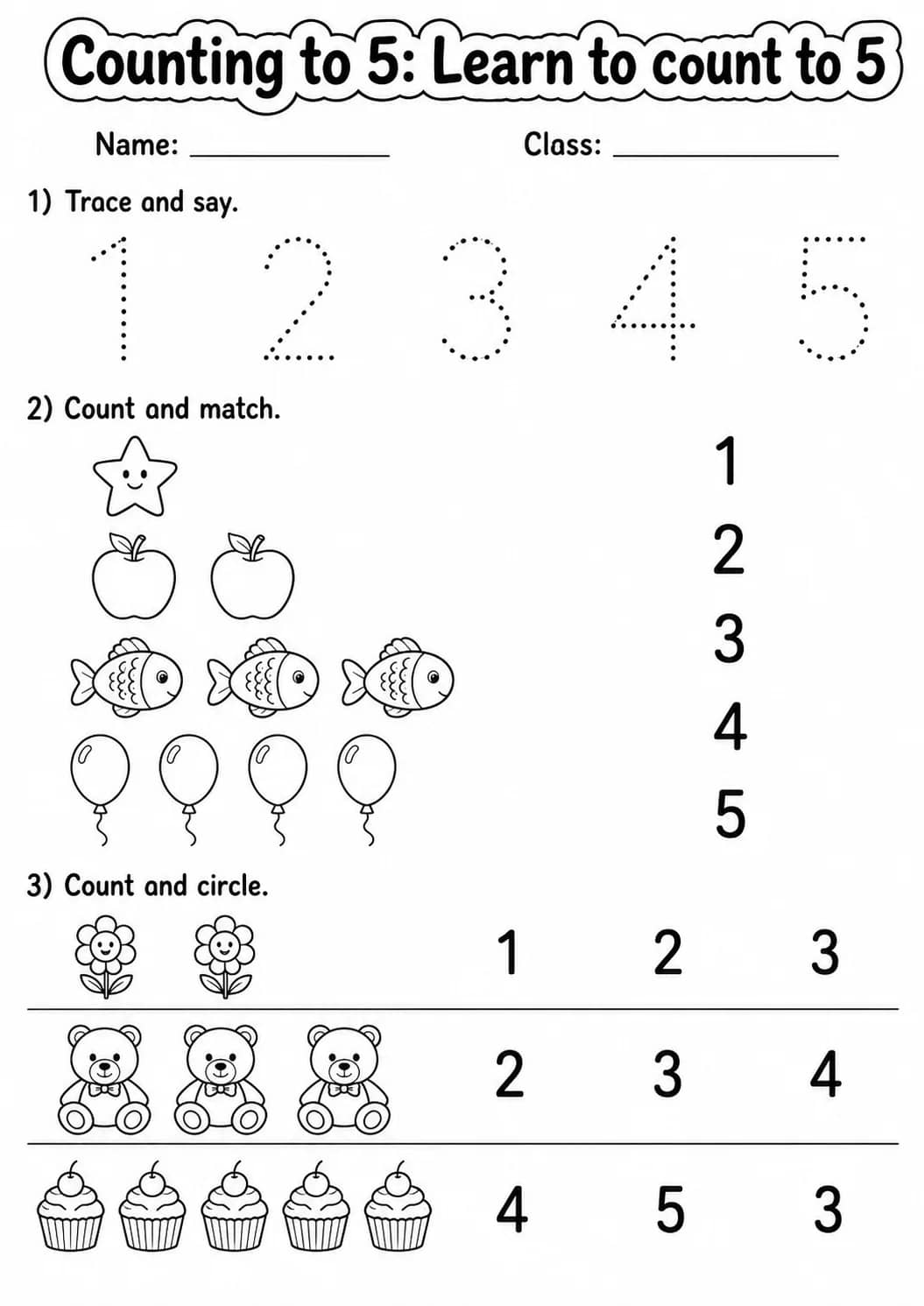 Kindergarten Counting to 5 Math Worksheet Pack printable worksheet pack preview