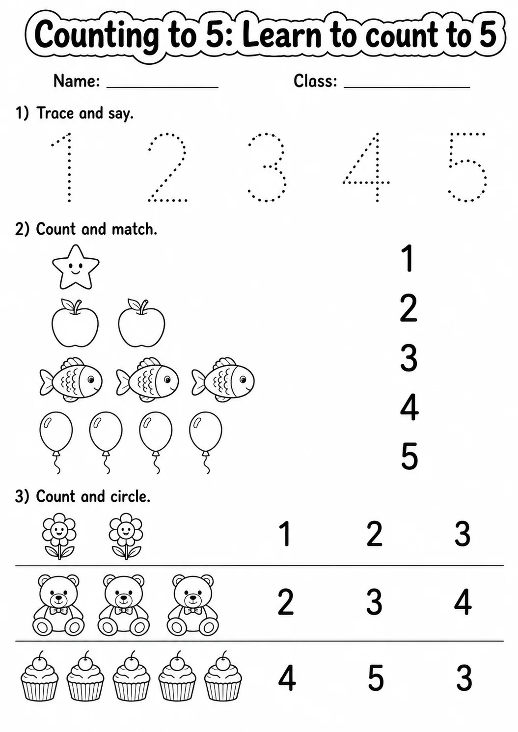 Kindergarten Counting to 5 Math Worksheet Pack printable worksheet pack preview