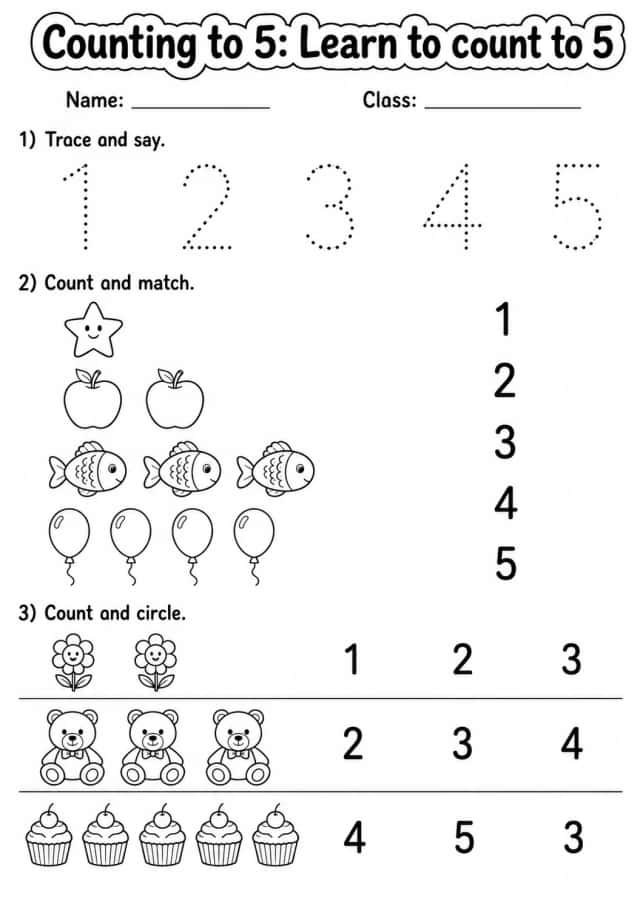 Kindergarten Counting to 5 Math Worksheet Pack
