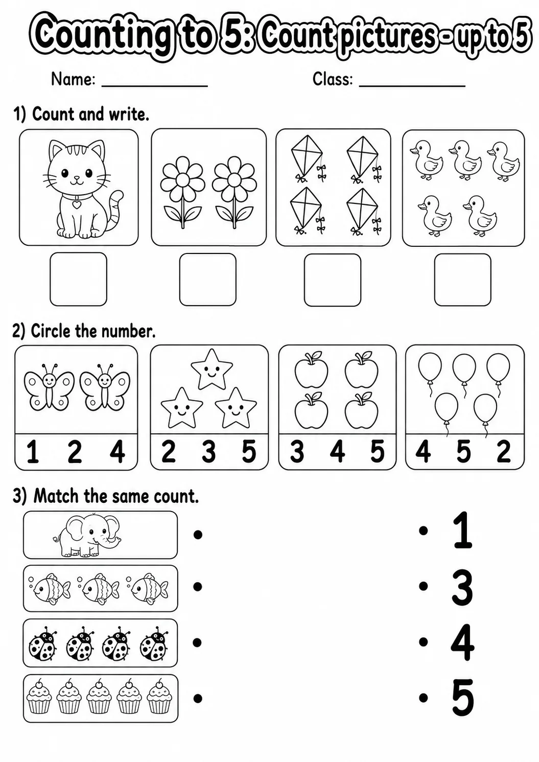 Kindergarten Counting to 5 Math Worksheet Pack page 2 printable worksheet preview