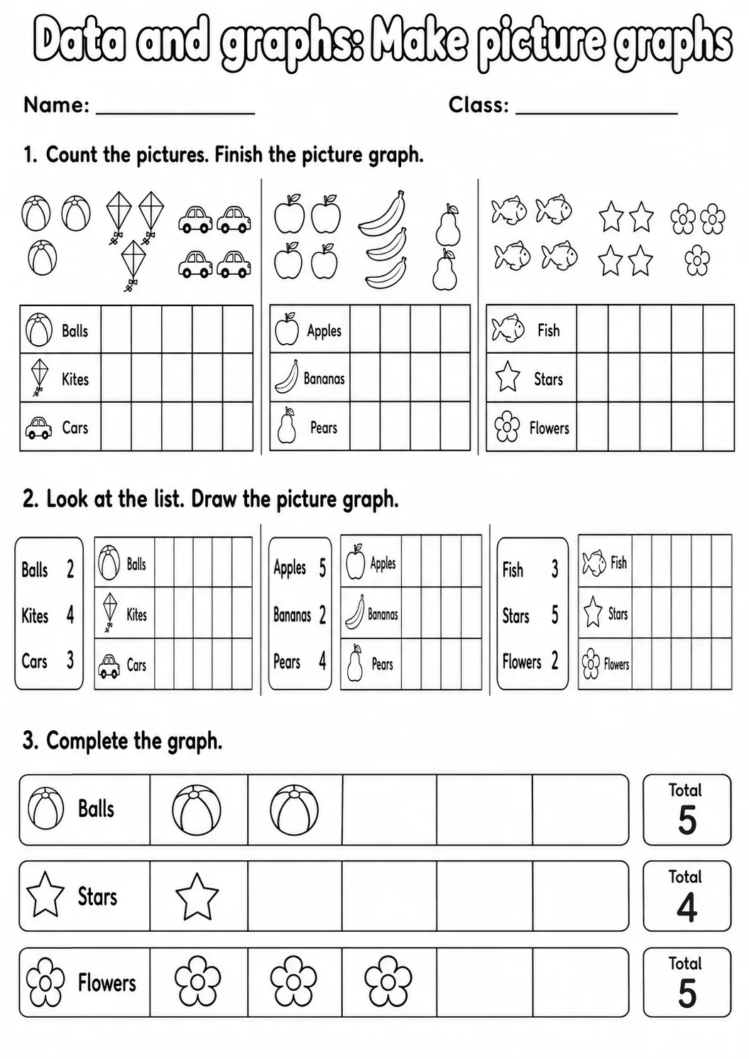 Kindergarten Data and Graphs Math Worksheet Pack page 2 printable worksheet preview