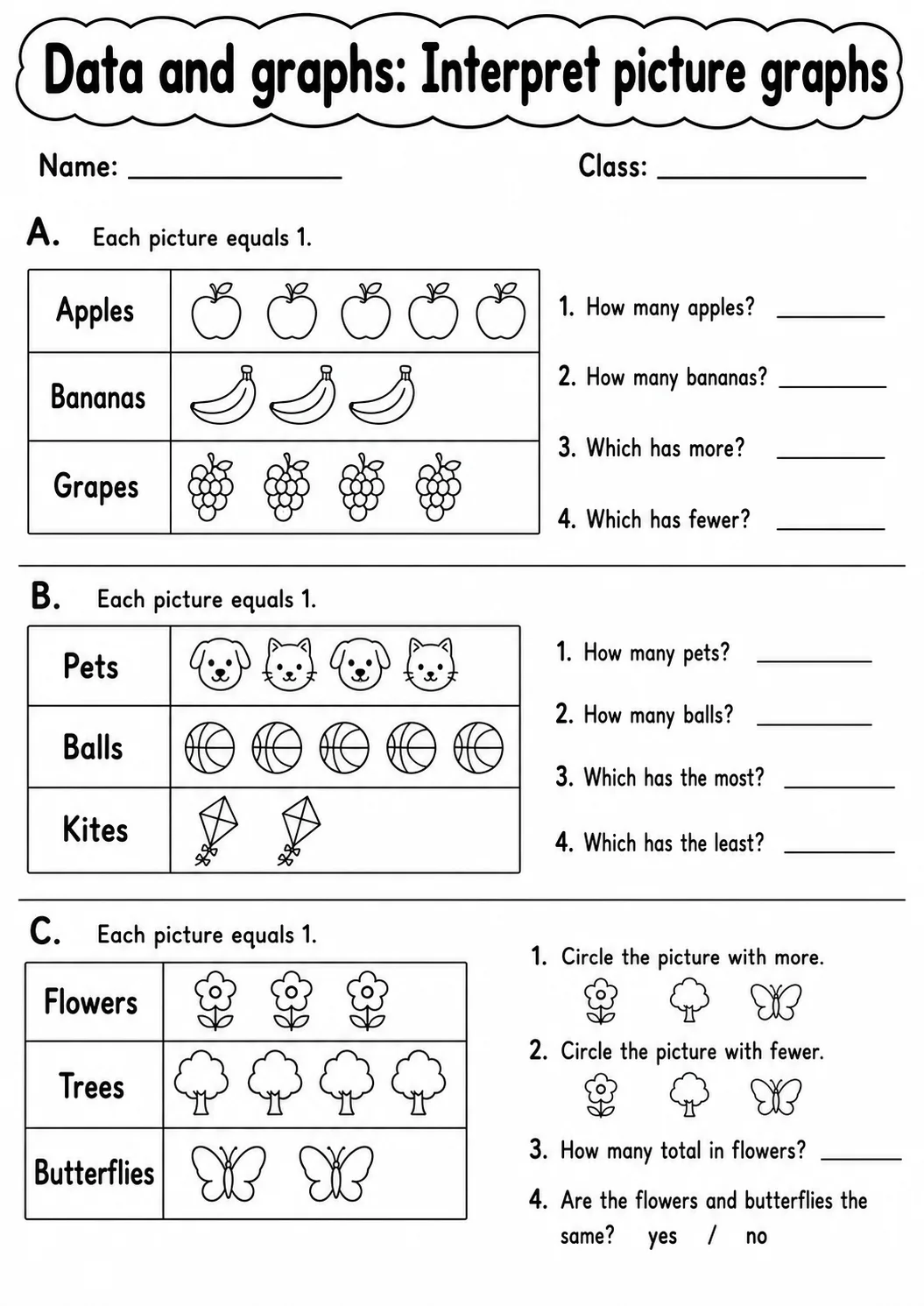 Kindergarten Data and Graphs Math Worksheet Pack page 3 printable worksheet preview
