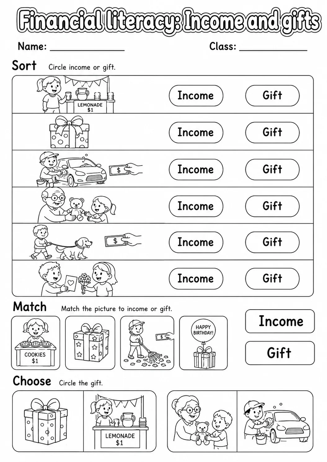 Kindergarten Financial Literacy Math Worksheet Pack page 2 printable worksheet preview