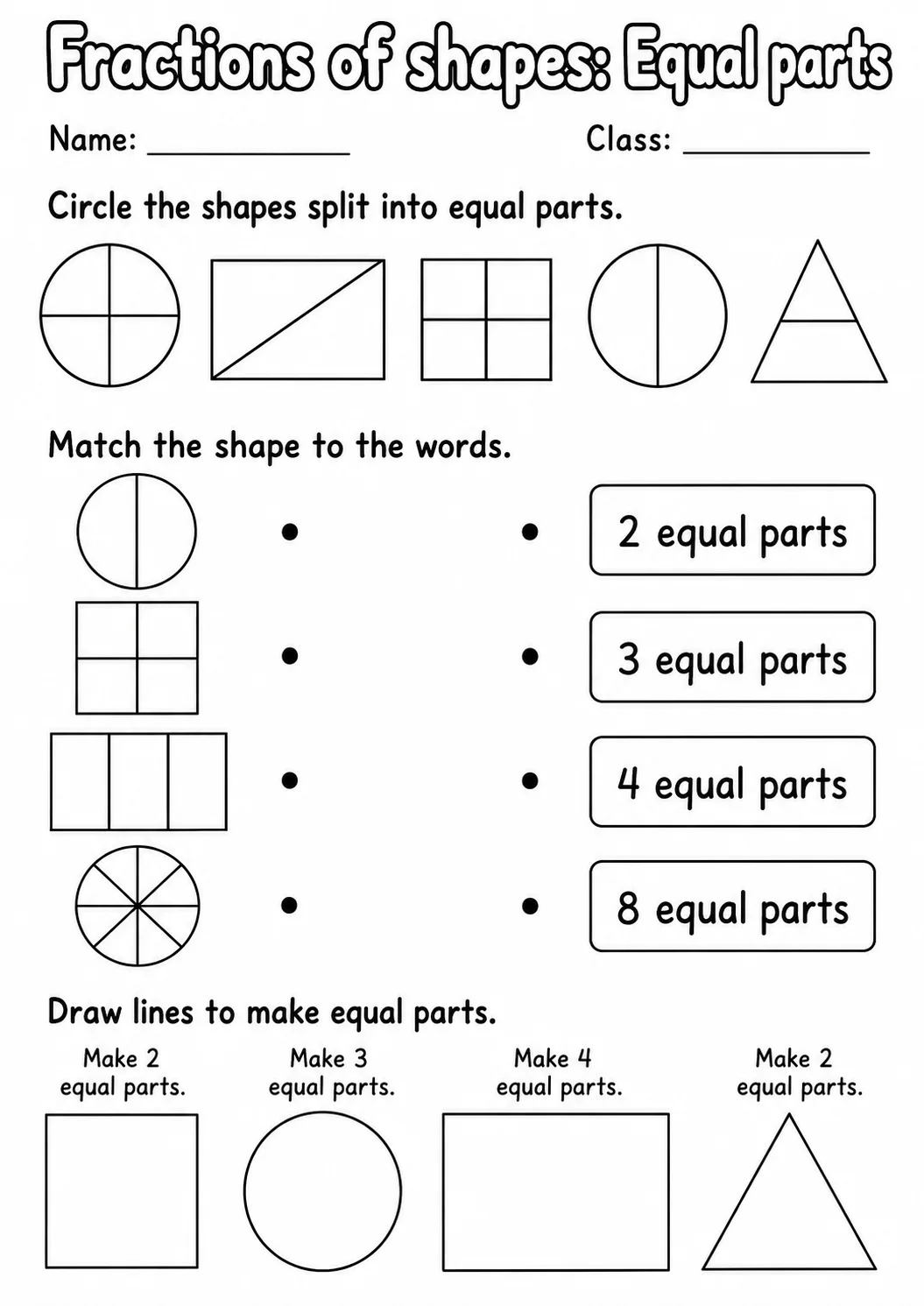 Kindergarten Fractions of Shapes Math Worksheet Pack printable worksheet pack preview