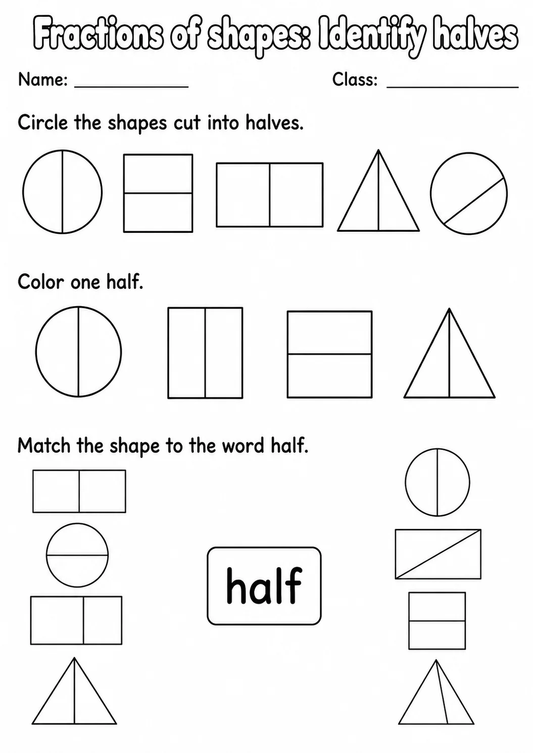 Kindergarten Fractions of Shapes Math Worksheet Pack page 2 printable worksheet preview