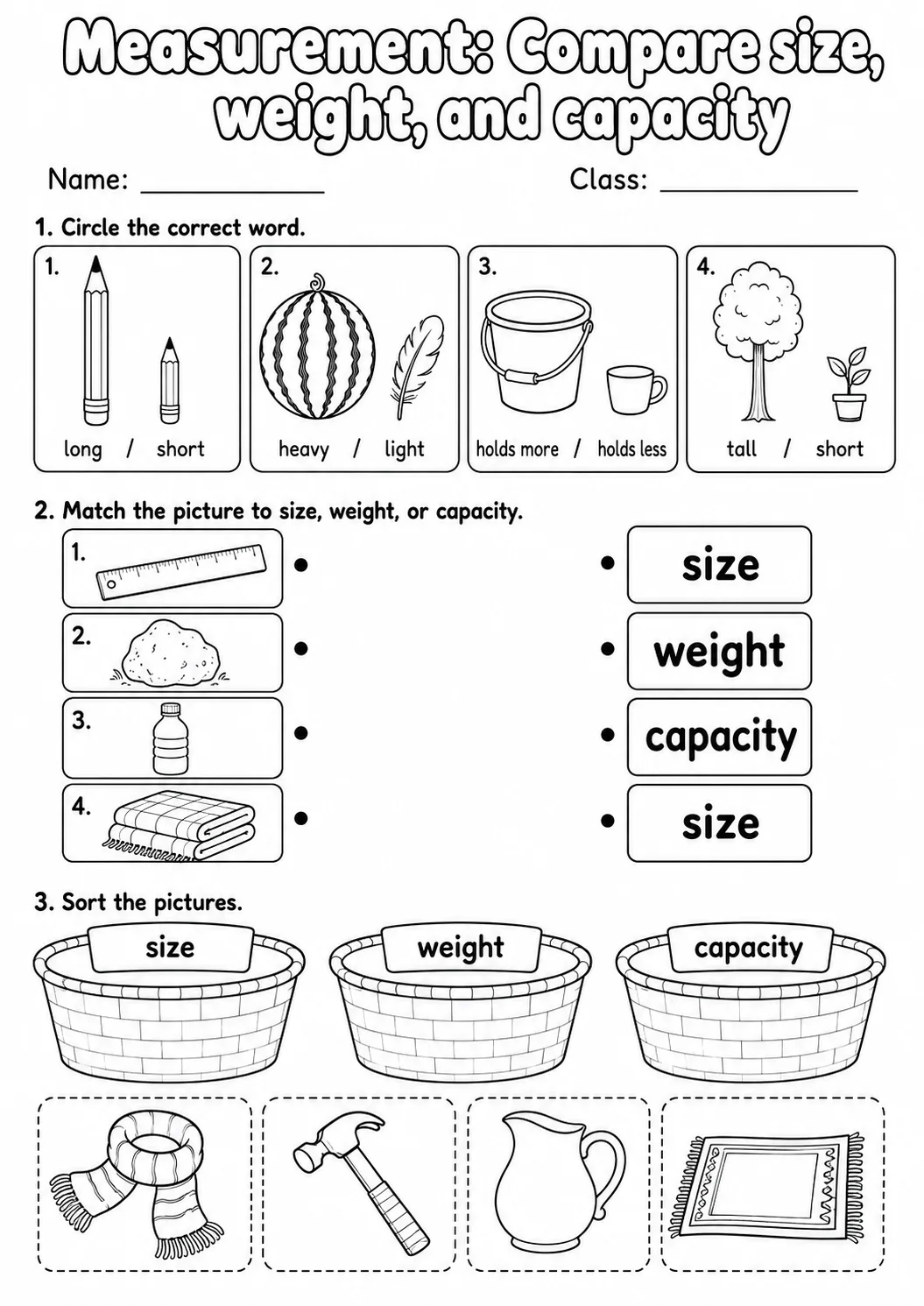 Kindergarten Measurement Math Worksheet Pack page 7 printable worksheet preview