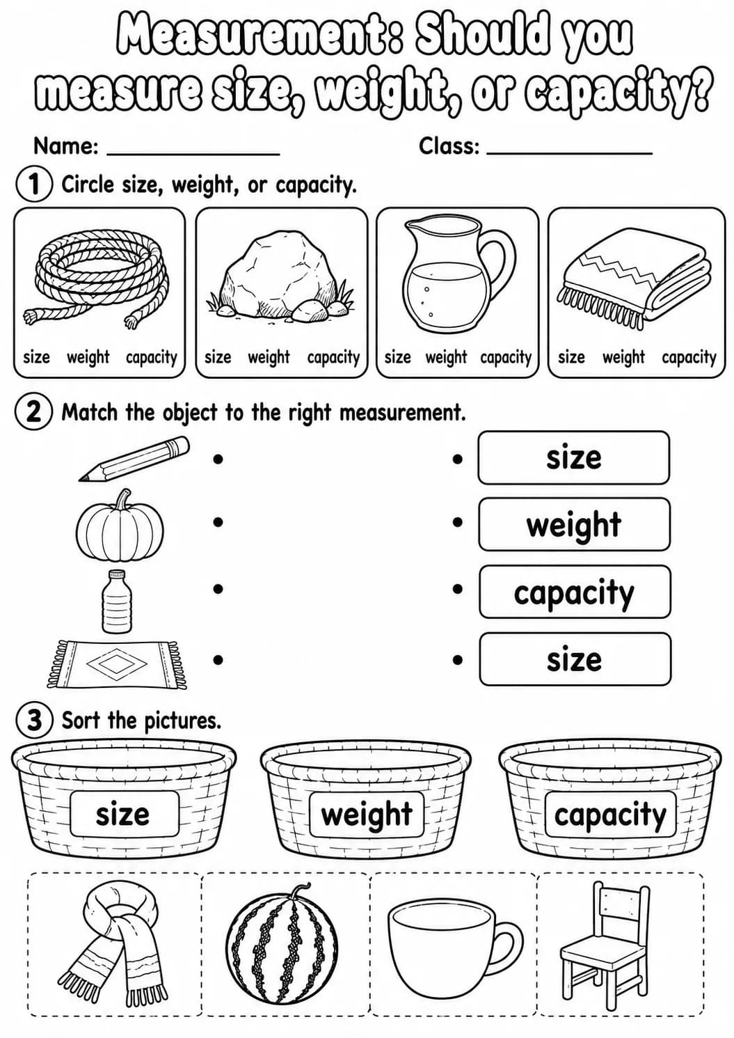 Kindergarten Measurement Math Worksheet Pack page 8 printable worksheet preview