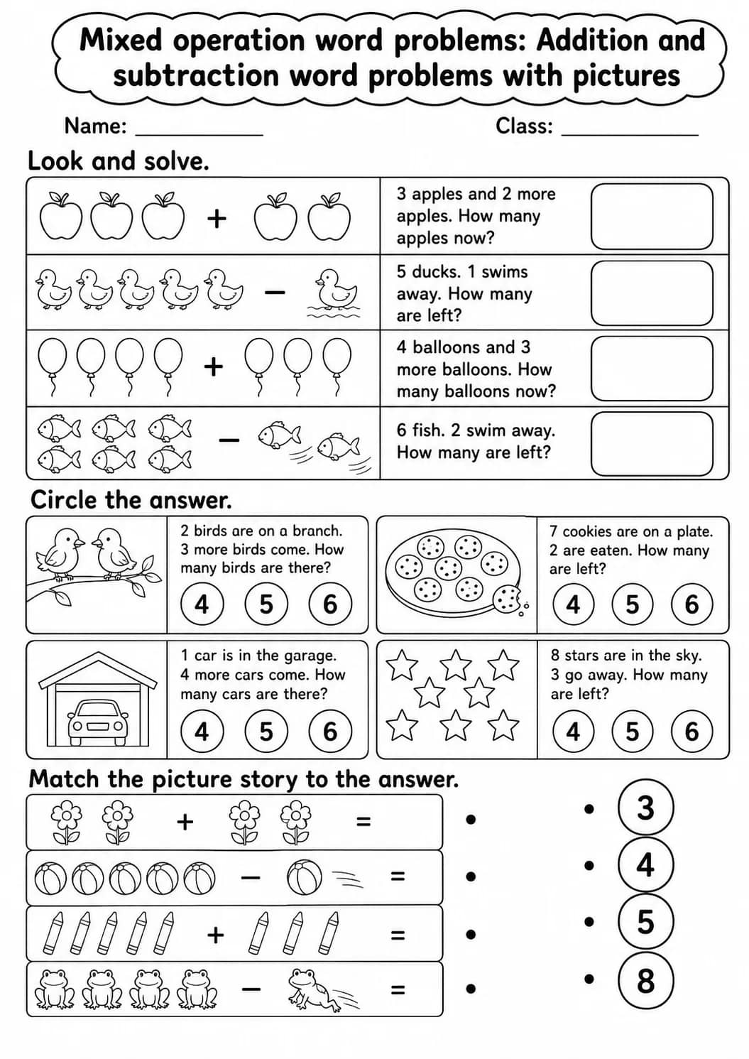 Kindergarten Mixed Operation Word Problems Math Worksheet Pack printable worksheet pack preview