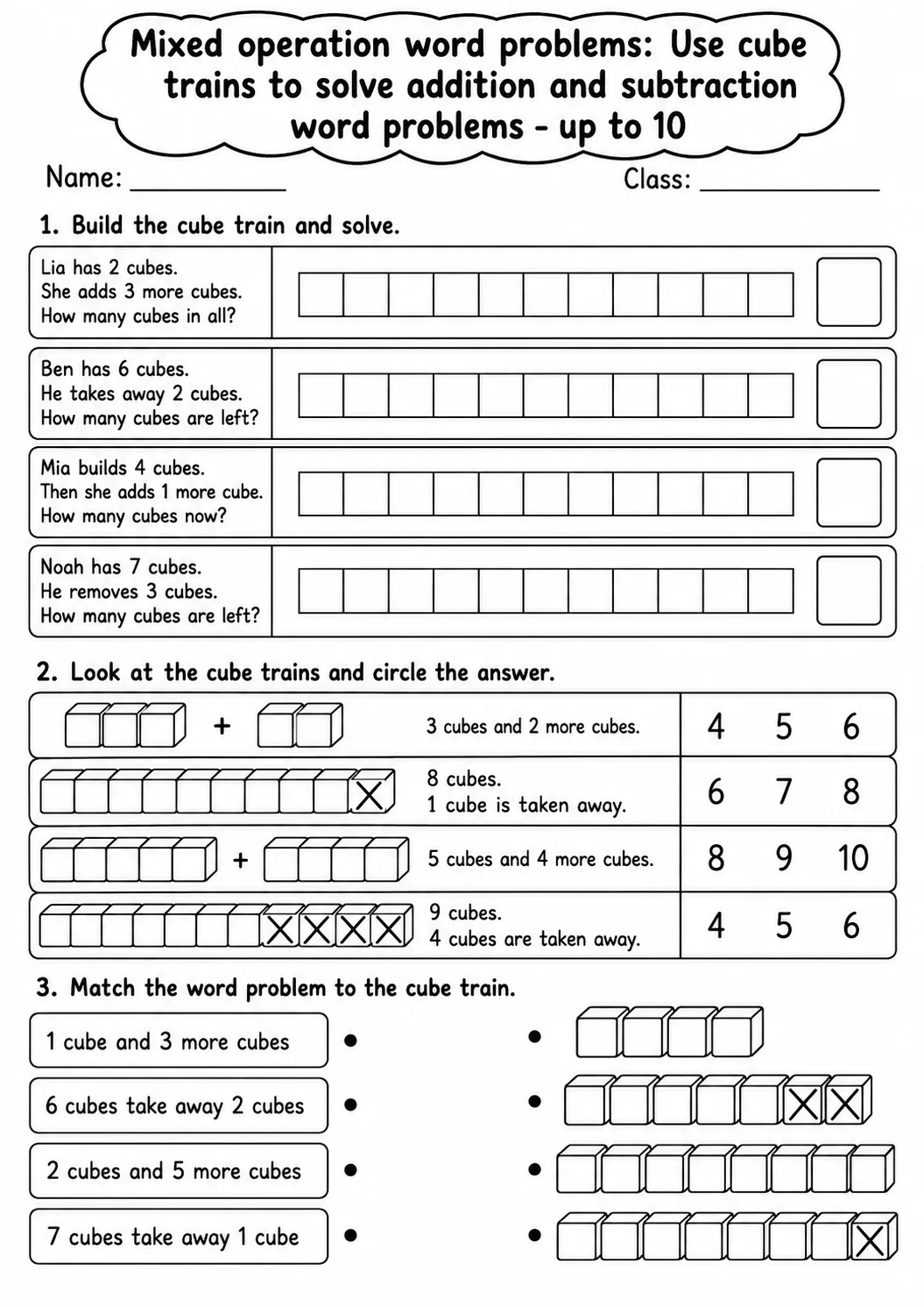 Kindergarten Mixed Operation Word Problems Math Worksheet Pack page 2 printable worksheet preview