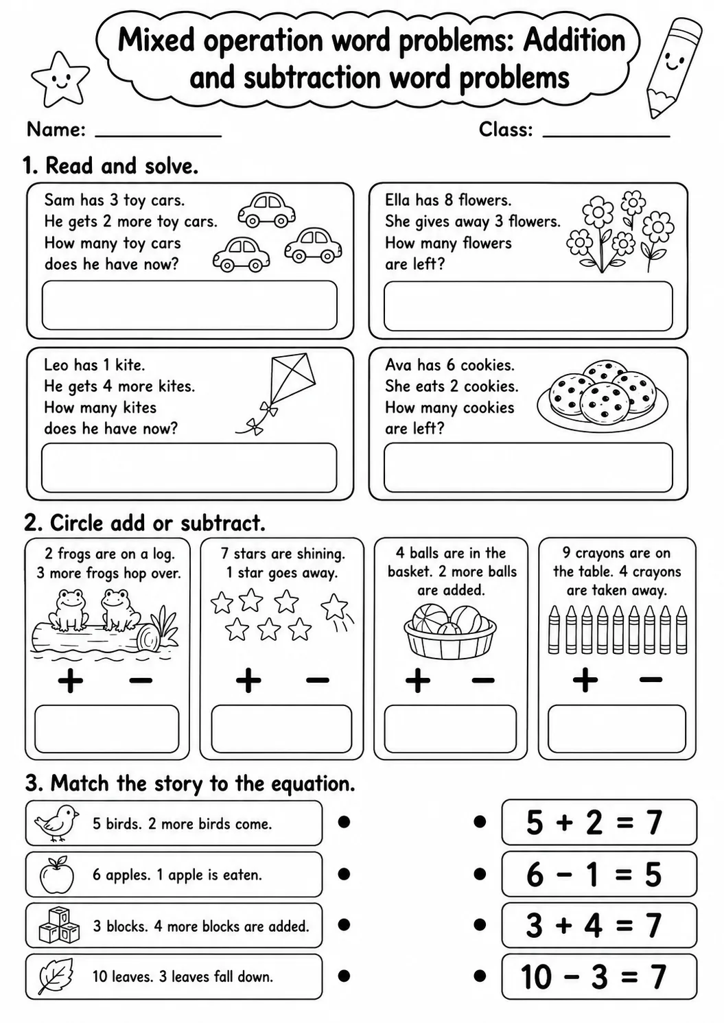 Kindergarten Mixed Operation Word Problems Math Worksheet Pack page 3 printable worksheet preview
