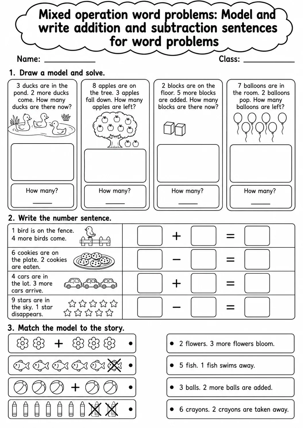 Kindergarten Mixed Operation Word Problems Math Worksheet Pack page 4 printable worksheet preview