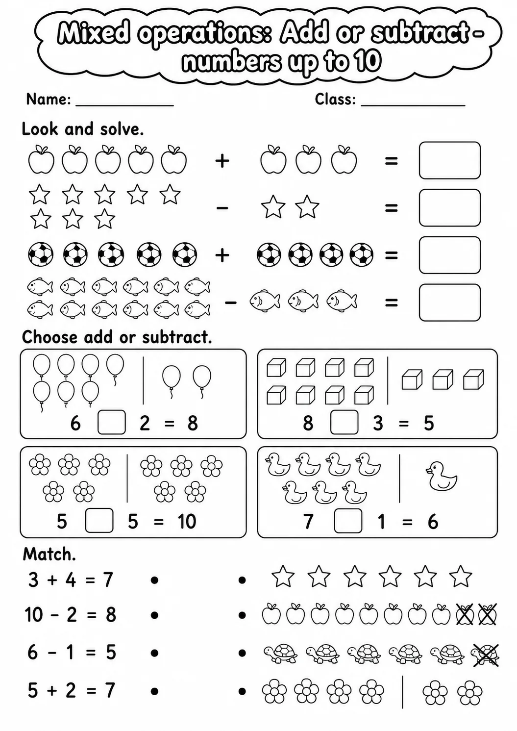 Kindergarten Mixed Operations Math Worksheet Pack page 2 printable worksheet preview
