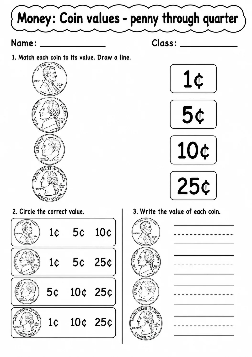 Kindergarten Money Math Worksheet Pack page 2 printable worksheet preview